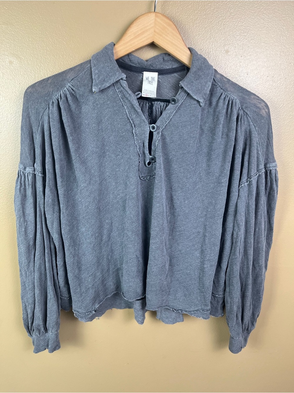 We the Free Gray Rush Hour Oversized Linen Blend Cropped Top Shirt Women's XS